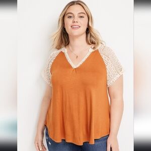 Maurices Orange Blouse with Crochet Lace Sleeves